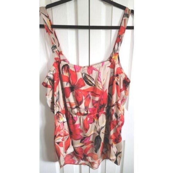 Ann Taylor Floral Cami Tank Top Blouse Size XL‎ Tan/Red Floral Adjustable - Picture 2 of 4